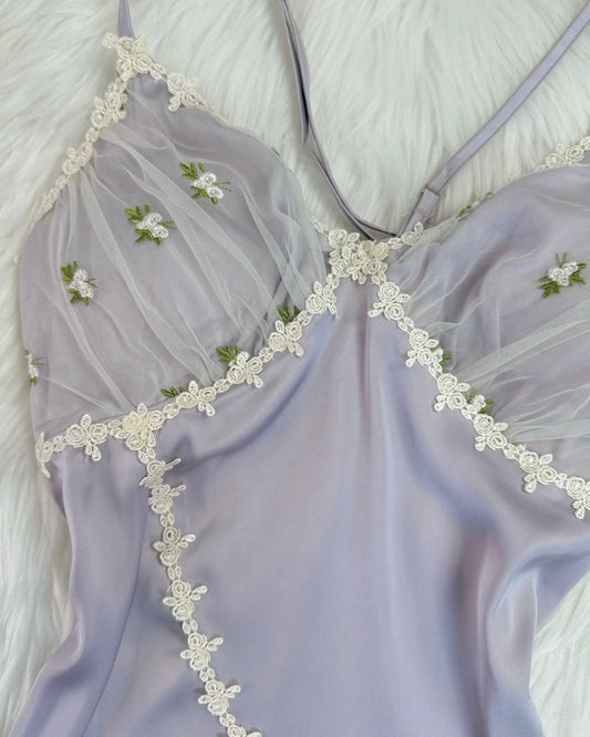 Daphne Floral Embroidery Nightie in Purple